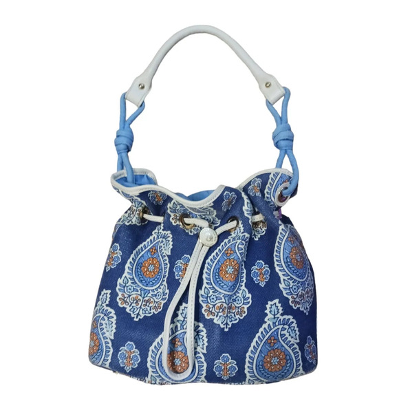 Spartina 449 Handbags - Spartina 449 Blue Linen and Leather Drawstring Bag